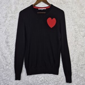 Mr. Turk Sweater Black & Red Heart Graphic Merino Wool V-Neck Mens XS